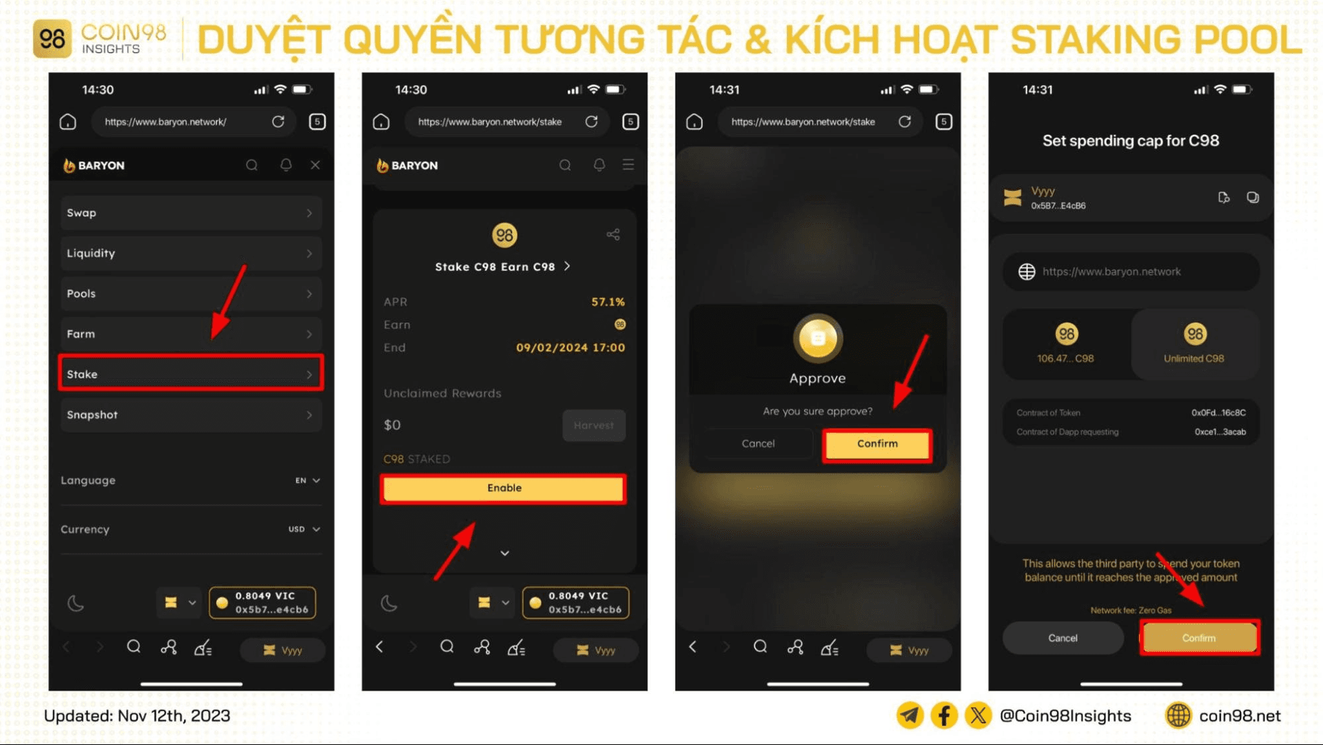 duyệt quyền tương tác và kích hoạt staking pool