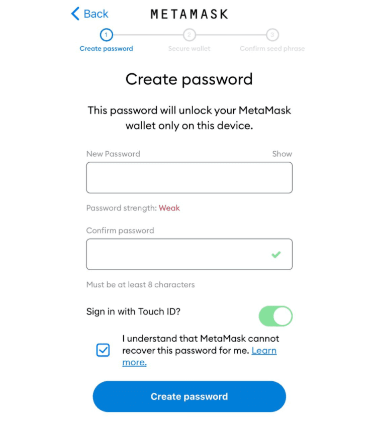 thiết lập mật khẩu ví metamask