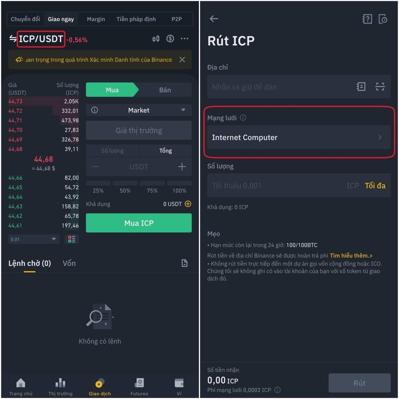 mua icp trên sàn binance