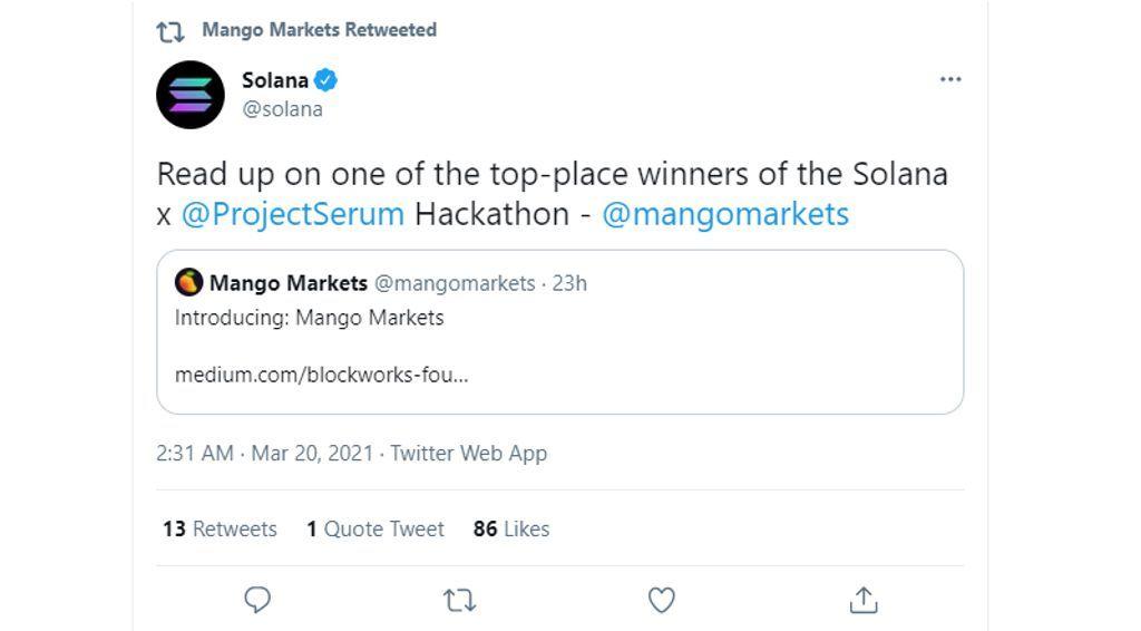 tweet của solana về mango markets