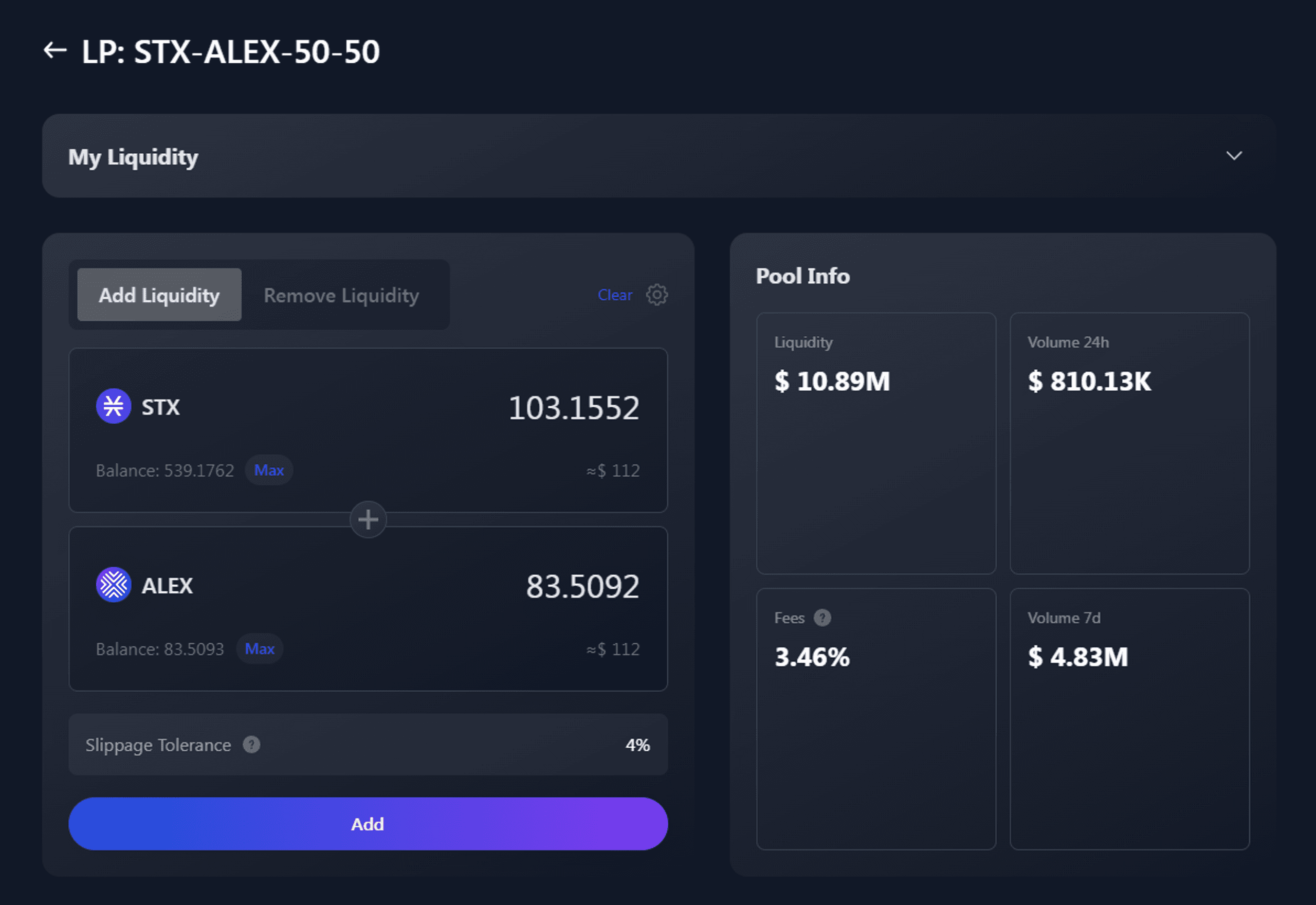 alex liquidity pool