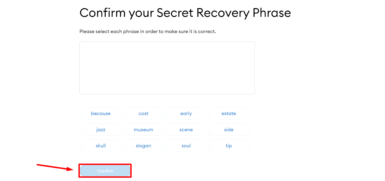 confirm secret recovery phrase