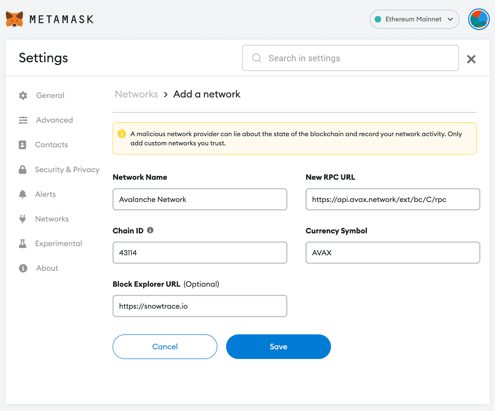 how to add avalanche to metamask